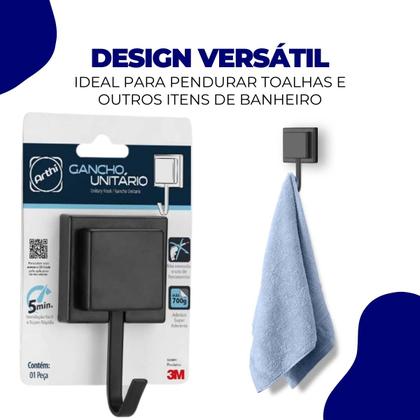 Imagem de Kit 2 Ganchos Cabide Suporte Porta Toalha de Rosto de Parede Banheiro 3M Sem Furo Preto Black Arthi