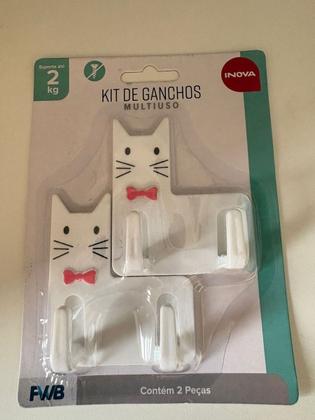 Imagem de Kit 2 Ganchos Duplos Autocolantes Multiuso Com Desenho Gato