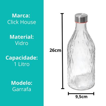 Imagem de Kit 2 Garrafa Vidro 1L Transparente Agua Suco C/ Tampa Rosqueavel Hermética Vintage
