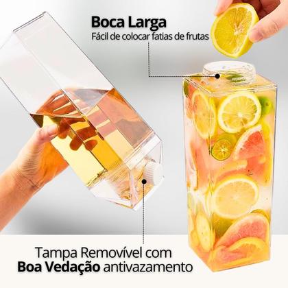 Imagem de Kit 2 Garrafas Caixinha de Leite Transparente Geladeira Bebidas Água Suco Chá 1000ml com tampa