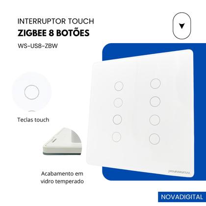 Imagem de kit 2 Interruptor Inteligente Zigbee NovaDigital 8 Teclas Botões Touch Compatível Tuya Smart Life Alexa Google Voz 110V 220V Branco