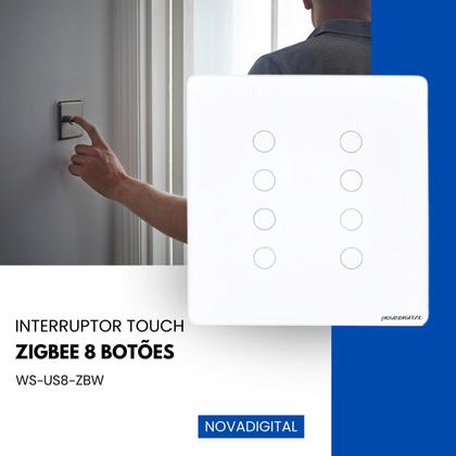 Imagem de kit 2 Interruptor Inteligente Zigbee NovaDigital 8 Teclas Botões Touch Compatível Tuya Smart Life Alexa Google Voz 110V 220V Branco