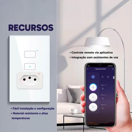 Imagem de Kit 2 Interruptores Inteligentes WiFi com Tomada 2 Botões 4x2 Bivolt 10A Compatível Alexa e Google Automação Residencial com Proteção Contra Surto