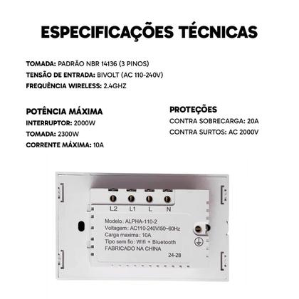 Imagem de Kit 2 Interruptores Inteligentes WiFi com Tomada 2 Botões 4x2 Bivolt 10A Compatível Alexa e Google Automação Residencial com Proteção Contra Surto