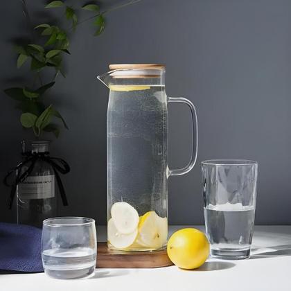 Imagem de Kit 2 Jarra De Vidro Hermético Borossilicato Com Tampa Bambu Agua Suco