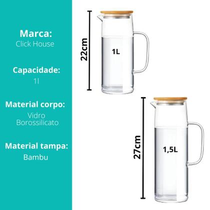 Imagem de Kit 2 Jarra De Vidro Hermético Borossilicato Com Tampa Bambu Agua Suco