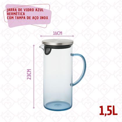 Imagem de Kit 2 Jarras Vidro Resistente Azul 1,5 L Suco Agua Tampa Inox