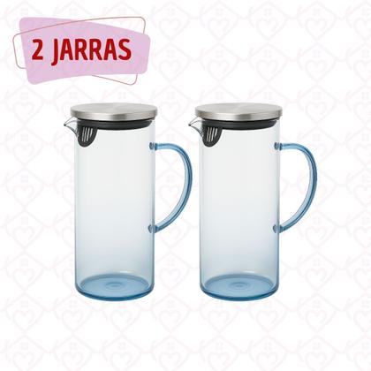 Imagem de Kit 2 Jarras Vidro Resistente Azul 1,5 L Suco Agua Tampa Inox