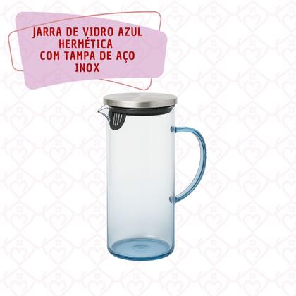 Imagem de Kit 2 Jarras Vidro Resistente Azul 1,5 L Suco Agua Tampa Inox