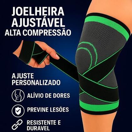 Imagem de Kit 2 Joelheiras Compressão Tensor Esportiva Ajustavel Preto E Verde Tamanho Único joelheira compressiva, joelheira para exercício funcional