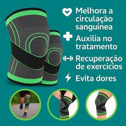 Imagem de Kit 2 Joelheiras Compressão Tensor Esportiva Ajustavel Preto E Verde Tamanho Único joelheira compressiva, joelheira para exercício funcional