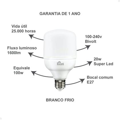 Kit 2 Lâmpadas Led 20w Branco Frio 6500K Luz Branca Alta Potência Luz Forte Kian 1600lm Bulbo Super Led Bivolt Imagem de Kit 2 Lâmpadas Led 20w Branco Frio 6500K Luz Branca Alta Potência Luz Forte Kian 1600lm Bulbo Super Led Bivolt