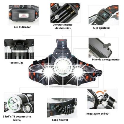 Imagem de Kit 2 Lanterna Recarregável de cabeça 3 leds Forte Camping Acampamento Escalada