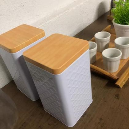 Imagem de Kit 2 Latas Porta Mantimento Tampa Bambu Açúcar E Café