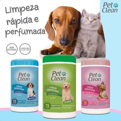 Imagem de Kit 2 Lenço Umedecido Pet Clean para Cães e Gatos Filhotes - 75 Unidades