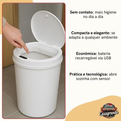 Imagem de Kit 2 Lixeira Automática Redonda 12 Litros com Sensor de Proximidade Recarregável Banheiro Cozinha Globalmix