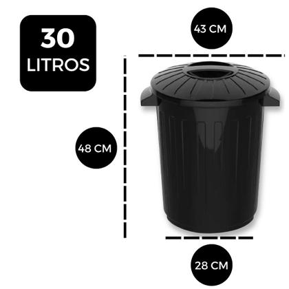 Imagem de Kit 2 Lixeira Grande Resistente Multiuso Redonda Tampa Preta 30 Litros