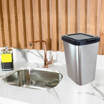 Imagem de Kit 2 Lixeira Retangular 9 Litros Metalizada Cesto De Lixo Com Tampa Click Banheiro Cozinha Pia