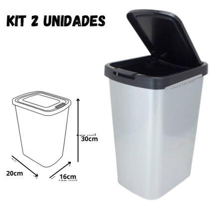 Imagem de Kit 2 Lixeira Retangular 9 Litros Metalizada Cesto De Lixo Com Tampa Click Banheiro Cozinha Pia