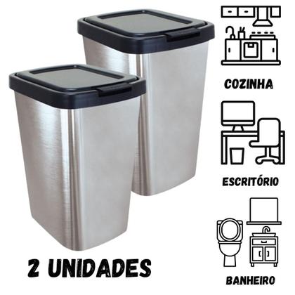 Imagem de Kit 2 Lixeira Retangular 9 Litros Metalizada Cesto De Lixo Com Tampa Click Banheiro Cozinha Pia