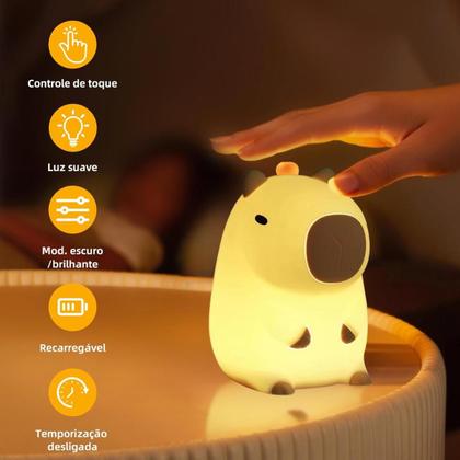 Imagem de Kit 2 Luminaria Abajur Capivara Noturna Infantil de Silicone Led Bebê Luz Amarela
