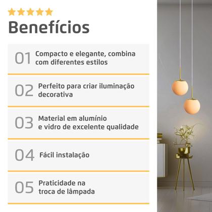 Imagem de Kit 2 Luminária Pendente Jabuticaba Dourado Bola Globo Vidro