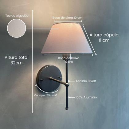 Imagem de Kit 2 Luminarias De Parede Arandelas Dormitorio Quarto Lateral De Cama Cupula Tecido Algodao Bivolt 110v220v