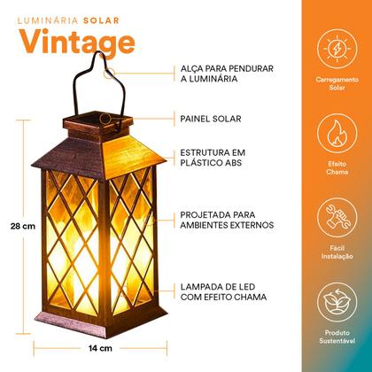 Imagem de Kit 2 Luminárias Solar Vintage ZON  Lamparina de LED com Efeito Chama para Jardim