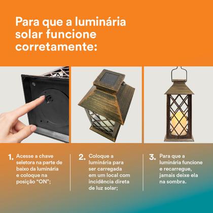Imagem de Kit 2 Luminárias Solar Vintage ZON  Lamparina de LED com Efeito Chama para Jardim
