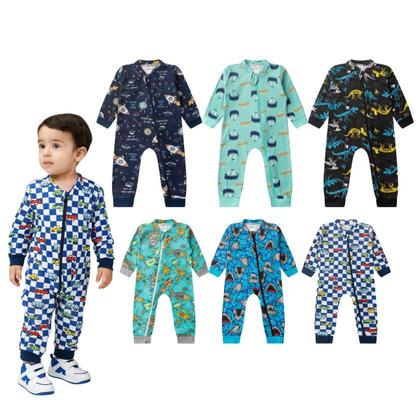 Imagem de Kit 2 Macacão longo com punhos Enxoval Roupa Bebê Protetor Ziper Menino Menina 100 algodão Suedine Tamanhos P M G 1 2 3