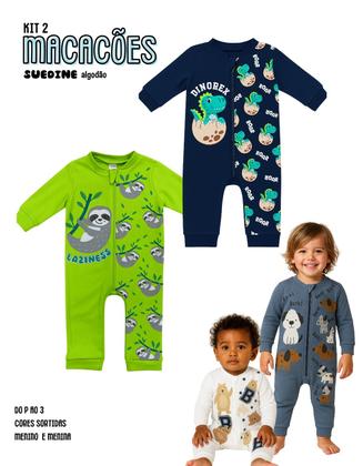 Imagem de Kit 2 Macacão longo com punhos Enxoval Roupa Bebê Protetor Ziper Menino Menina 100 algodão Suedine Tamanhos P M G 1 2 3