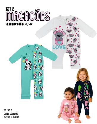 Imagem de Kit 2 Macacão longo com punhos Enxoval Roupa Bebê Protetor Ziper Menino Menina 100 algodão Suedine Tamanhos P M G 1 2 3