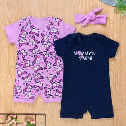 Imagem de Kit 2 Macacões Curtos com Faixa Borboletas Lilás e Marinho