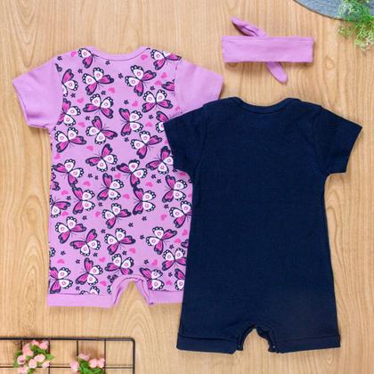 Imagem de Kit 2 Macacões Curtos com Faixa Borboletas Lilás e Marinho