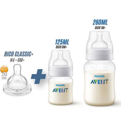 Imagem de Kit 2 Mamadeiras Clássica Anticólica 125 e 260ml Transparente+ 1 Bico Extra n4 - Philips Avent