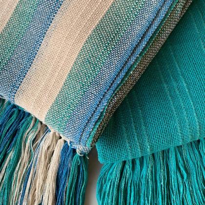 Imagem de Kit 2 Manta Para Sofá Jade E Azul Faixa Xale Decorativo100% Algodão Tear Mineiro 