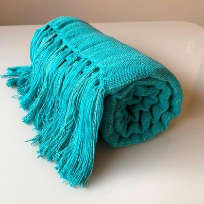 Imagem de Kit 2 Manta Para Sofá Jade E Azul Faixa Xale Decorativo100% Algodão Tear Mineiro 