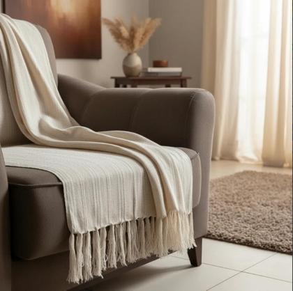 Imagem de Kit 2 Mantas Pra Sofá Xale Decorativo Pistache Faixa E Cru 1,20x1,80m Luxo Tear Mineiro