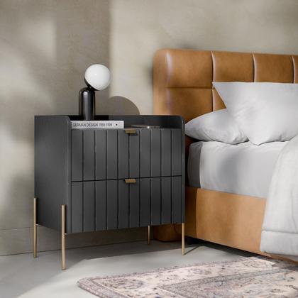 Imagem de kit 2 mesa de cabeceira classico pé de ferro dourado industrial 2 gavetas riscada moriah 60cm mdf moderna