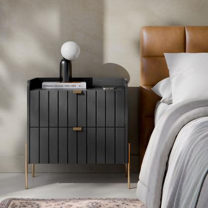 Imagem de kit 2 mesa de cabeceira classico pé de ferro dourado industrial 2 gavetas riscada moriah 60cm mdf moderna