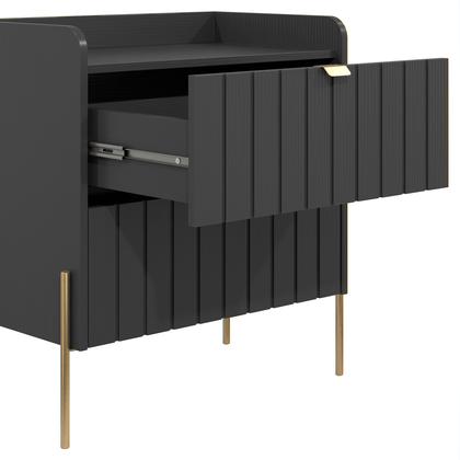 Imagem de kit 2 mesa de cabeceira classico pé de ferro dourado industrial 2 gavetas riscada moriah 60cm mdf moderna