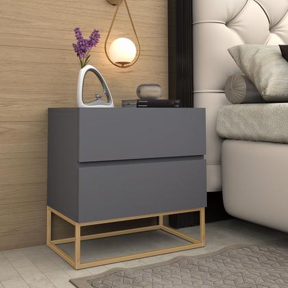 Imagem de kit 2 Mesa de Cabeceira Para Quarto Com 2 Gavetas Eros 45cm Estilo Industrial Base De Ferro Dourado