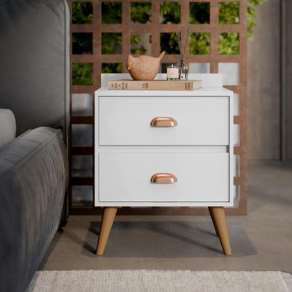 Imagem de Kit 2 Mesa de Cabeceira Quarto Mesinha Apoio Lateral Cama Box Casal Estilo Decoração Retrô Madero 2 Gavetas Branco