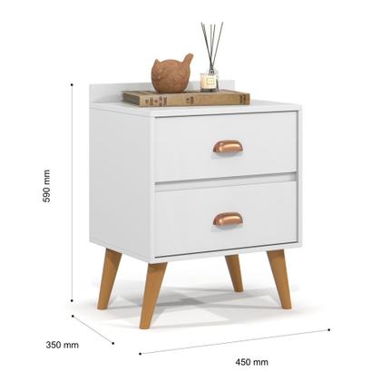Imagem de Kit 2 Mesa de Cabeceira Quarto Mesinha Apoio Lateral Cama Box Casal Estilo Decoração Retrô Madero 2 Gavetas Branco