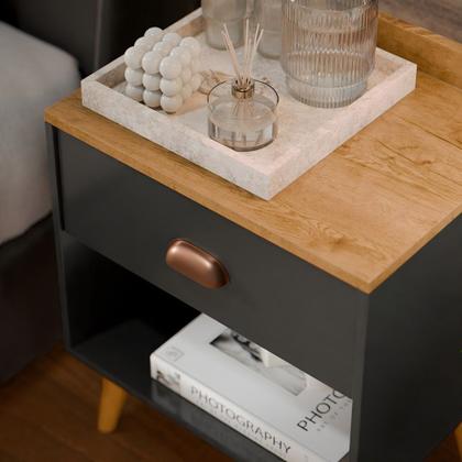 Imagem de Kit 2 Mesa de Cabeceira Quarto Mesinha Apoio Lateral Cama Box Casal Estilo Decoração Retrô Pérola 1 Gaveta Preto/Freijó