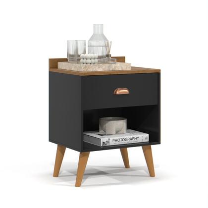 Imagem de Kit 2 Mesa de Cabeceira Quarto Mesinha Apoio Lateral Cama Box Casal Estilo Decoração Retrô Pérola 1 Gaveta Preto/Freijó