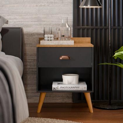 Imagem de Kit 2 Mesa de Cabeceira Quarto Mesinha Apoio Lateral Cama Box Casal Estilo Decoração Retrô Pérola 1 Gaveta Preto/Freijó