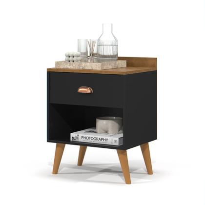 Imagem de Kit 2 Mesa de Cabeceira Quarto Mesinha Apoio Lateral Cama Box Casal Estilo Decoração Retrô Pérola 1 Gaveta Preto/Freijó