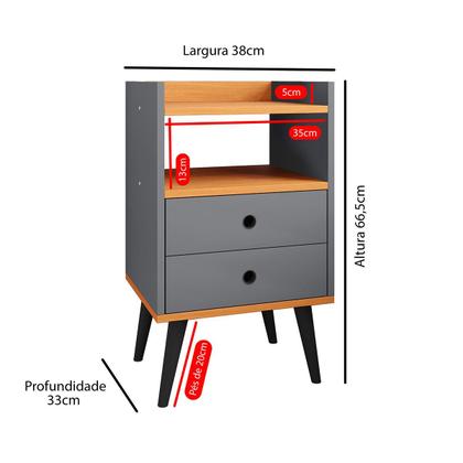 Imagem de Kit 2 Mesas Cabeceira Mesinhas Decorativas Quarto Nicho e 2 Gavetas Retrô Dream Plus-Cinza/Cinamomo