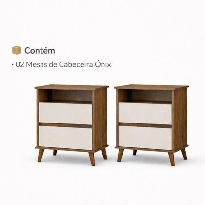 Imagem de Kit 2 Mesas Cabeceira Ônix Gaveta Nicho Estilo Retrô Moderno Quarto Cama Casal Solteiro Canela Off